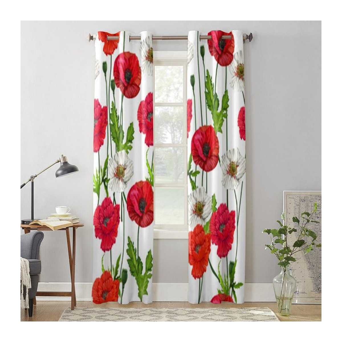 Luxuriöser halbtransparenter Fenstervorhang mit Mohnblumen von Binchi Outdoor Equipment in Weiß, Breite: 135 cm, Höhe: 60 cm - Bild 1