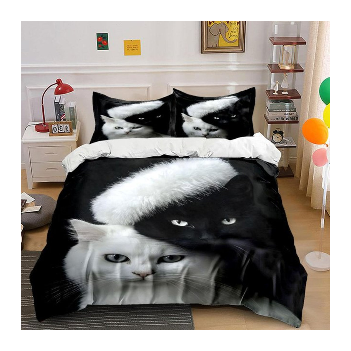 Luxuriöses Bettwäsche-Set mit schwarzer Katze und weißem Pelzbesatz, bestehend aus 1 Bettbezug und 2 Kissenbezügen, Schwarz/Weiß, B/H: 135 x 200 cm - Bild 1