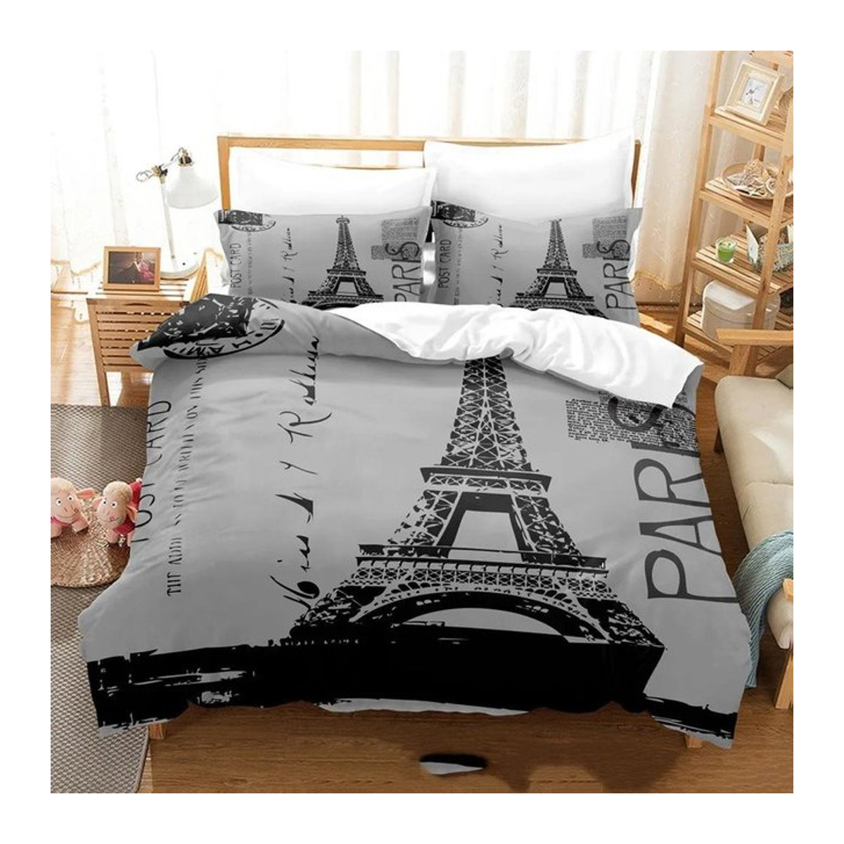 Luxuriöses Bettwäsche-Set von Jessica Chen mit Digitaldruck Eiffelturm in Rosa, bestehend aus Bettbezug und Kissenbezügen, Größe Single B: 140 cm, H: 210 cm - Bild 1