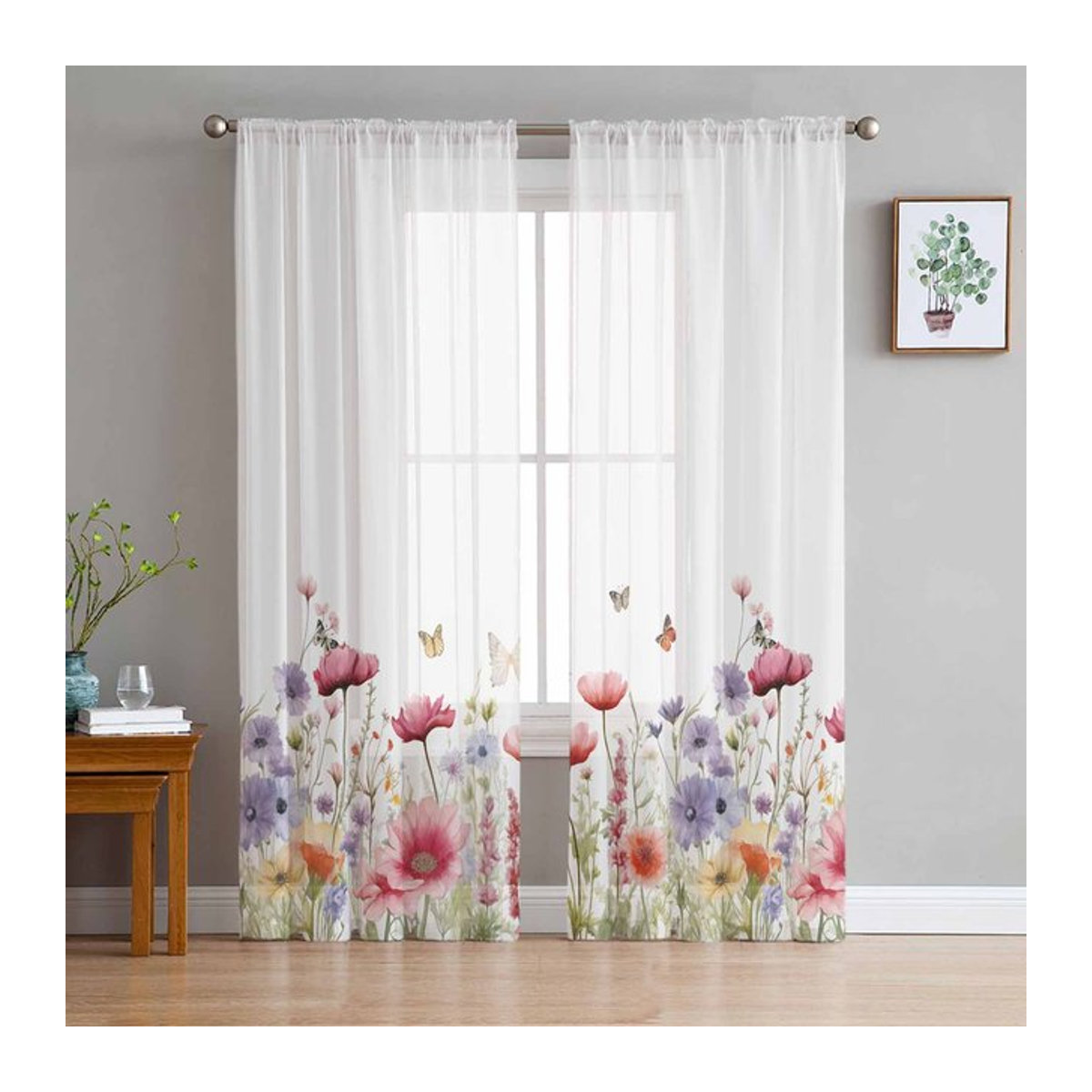 Luxus Chiffon Vorhang mit Aquarell Blumen Pflanzen Schmetterlingen Lavendel und Gänseblümchen, Transparentes Voile Fensterpaneel für Wohnzimmer und Schlafzimmer, B: 135 cm, H: 114 cm - Bild 1