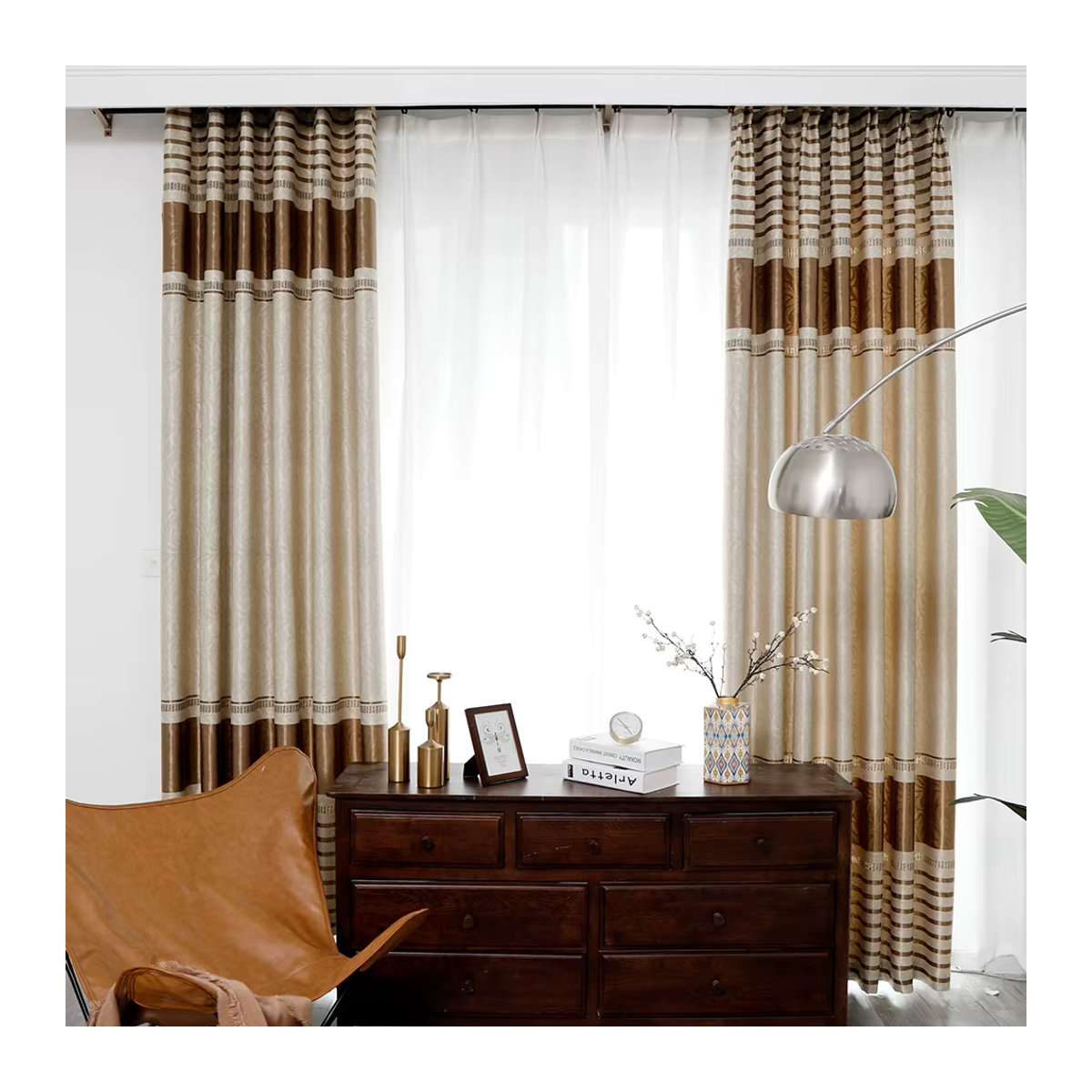 Luxus Jacquard Vorhang mit Streifenmuster von Composite Craft in Gold und Beige, lichtfilternd und beschattend für Wohnzimmer und Schlafzimmer - Bild 2