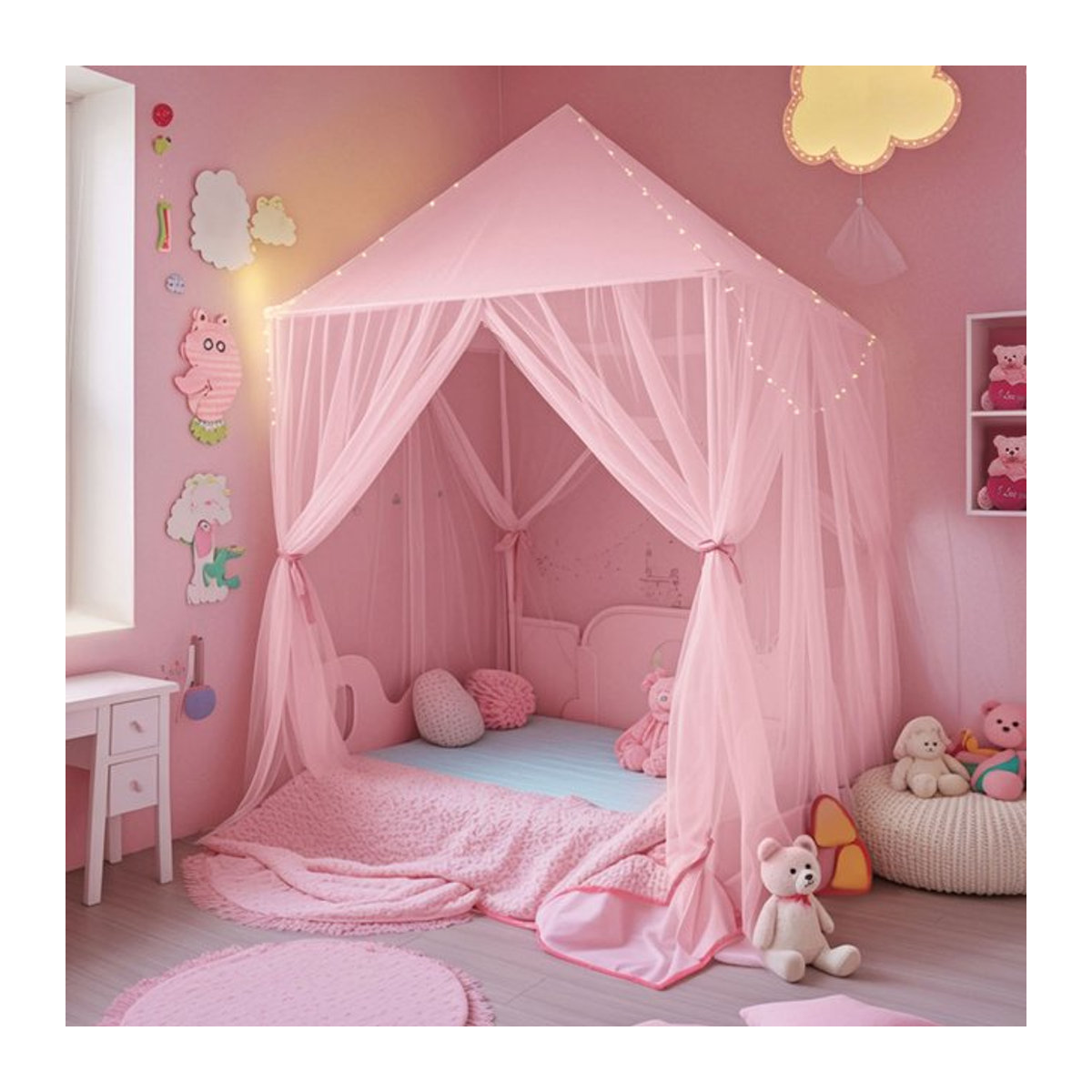 Luxus Prinzessin Moskitonetz für das Himmelbett mit 3-seitiger Öffnung in Pink und Weiß zum Schutz im Kinderzimmer - Bild 1