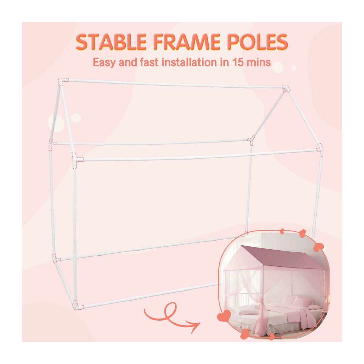 Luxus Prinzessin Moskitonetz für das Himmelbett mit 3-seitiger Öffnung in Pink und Weiß zum Schutz im Kinderzimmer - Bild 2