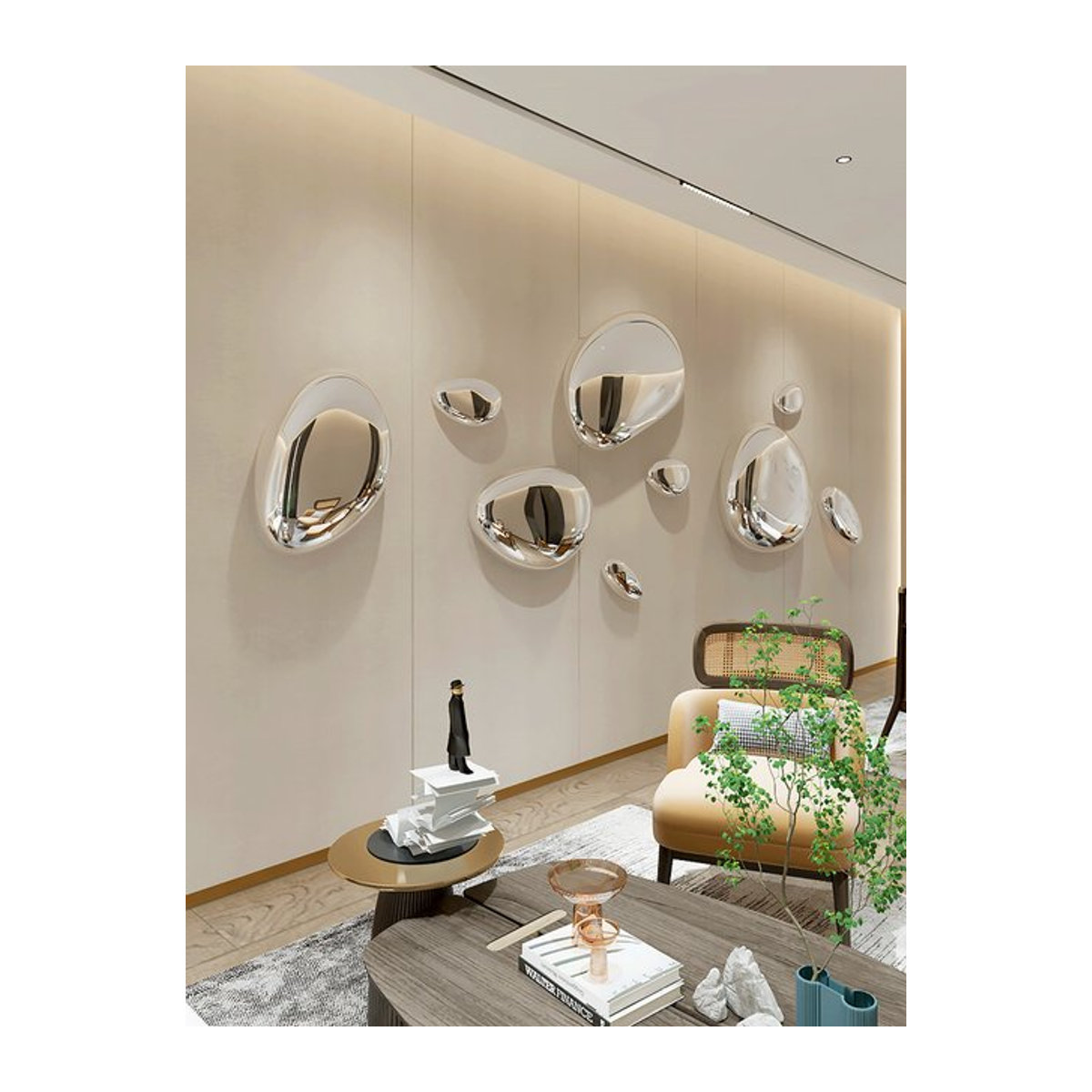 Luxus Wandkunst aus Edelstahl im Kieselstein-Design mit Wassertropfen-Optik für Wohnzimmer und Hotels - Bild 1