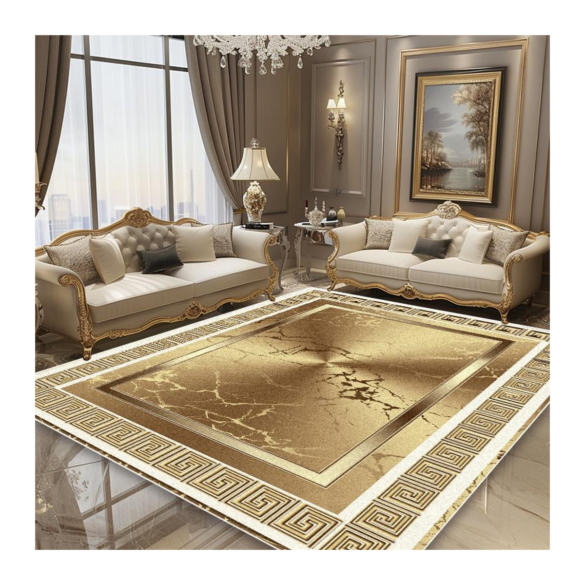 Luxusteppich Karpetti im europäischen Stil mit goldenem Rahmen für dein Wohnzimmer, rutschfest, B x T: 160 x 230 cm - Bild 1