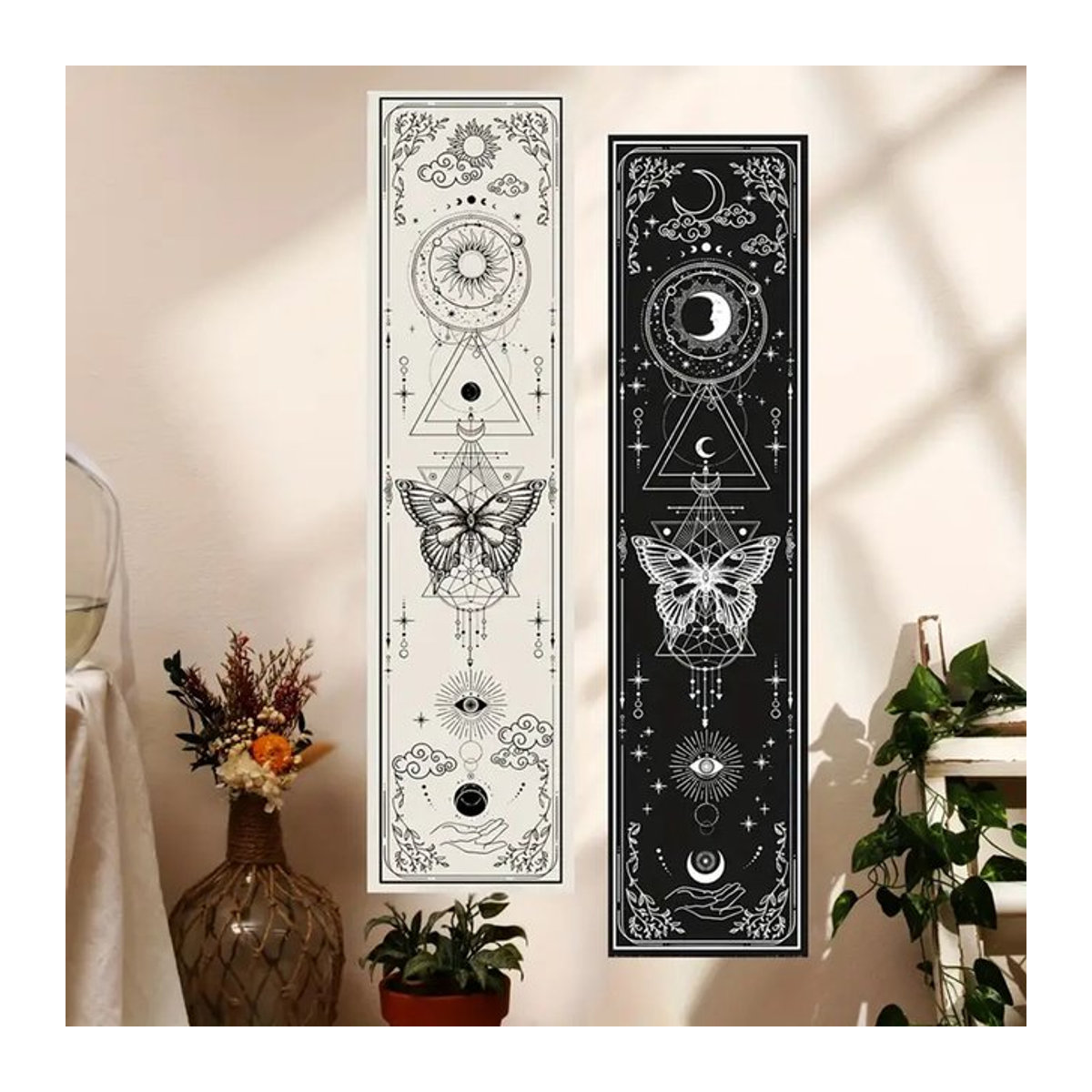 LVJIA Wandteppich Gothic Witchy Sun & Moon mit Schmetterling in Schwarz-Weiß, Ästhetischer Wandbehang für Wohnzimmer und Schlafzimmer, B/H: 40 x 40 cm - Bild 1