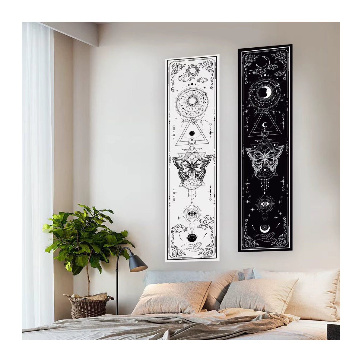 LVJIA Wandteppich Gothic Witchy Sun & Moon mit Schmetterling in Schwarz-Weiß, Ästhetischer Wandbehang für Wohnzimmer und Schlafzimmer, B/H: 40 x 40 cm - Bild 2