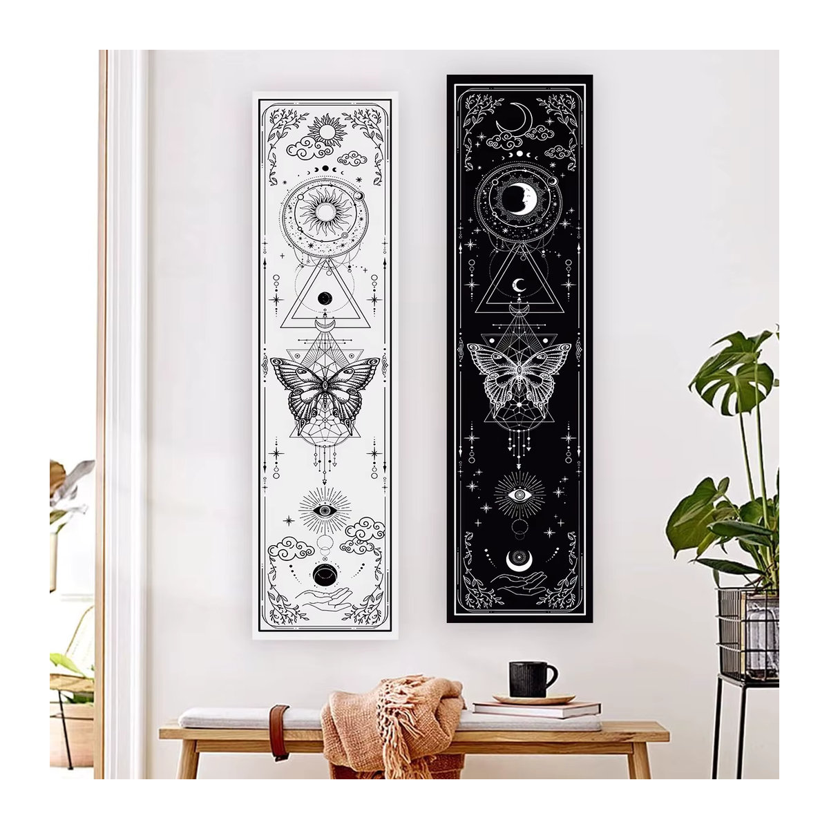 LVJIA Wandteppich Gothic Witchy Sun & Moon mit Schmetterling in Schwarz-Weiß, Ästhetischer Wandbehang für Wohnzimmer und Schlafzimmer, B/H: 40 x 40 cm - Bild 3