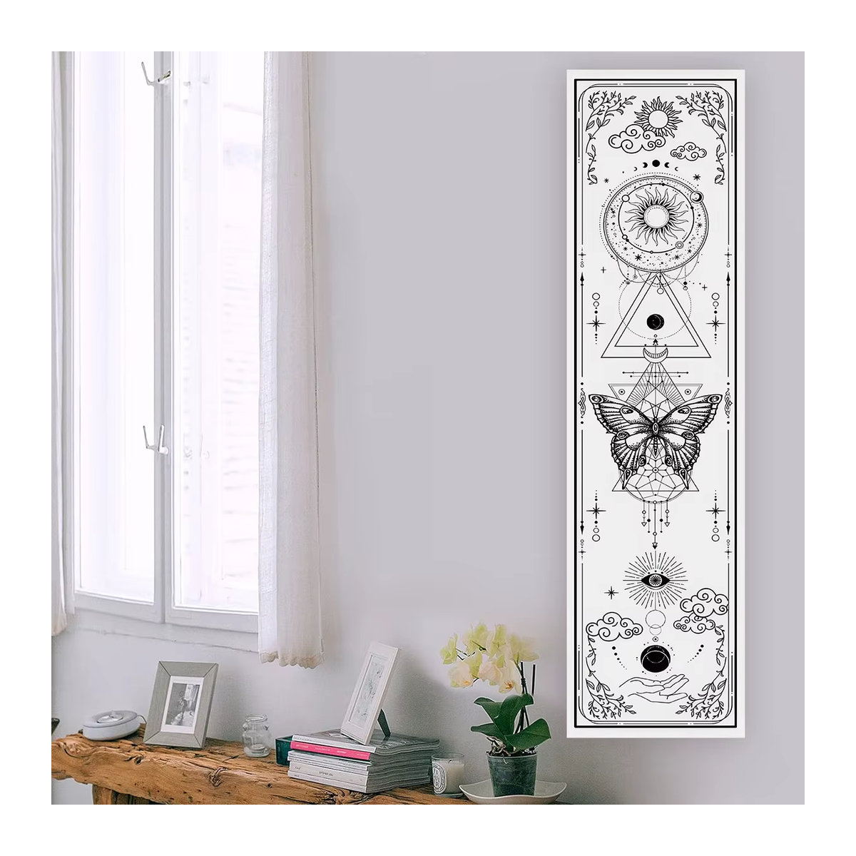 LVJIA Wandteppich Gothic Witchy Sun & Moon mit Schmetterling in Schwarz-Weiß, Ästhetischer Wandbehang für Wohnzimmer und Schlafzimmer, B/H: 40 x 40 cm - Bild 5