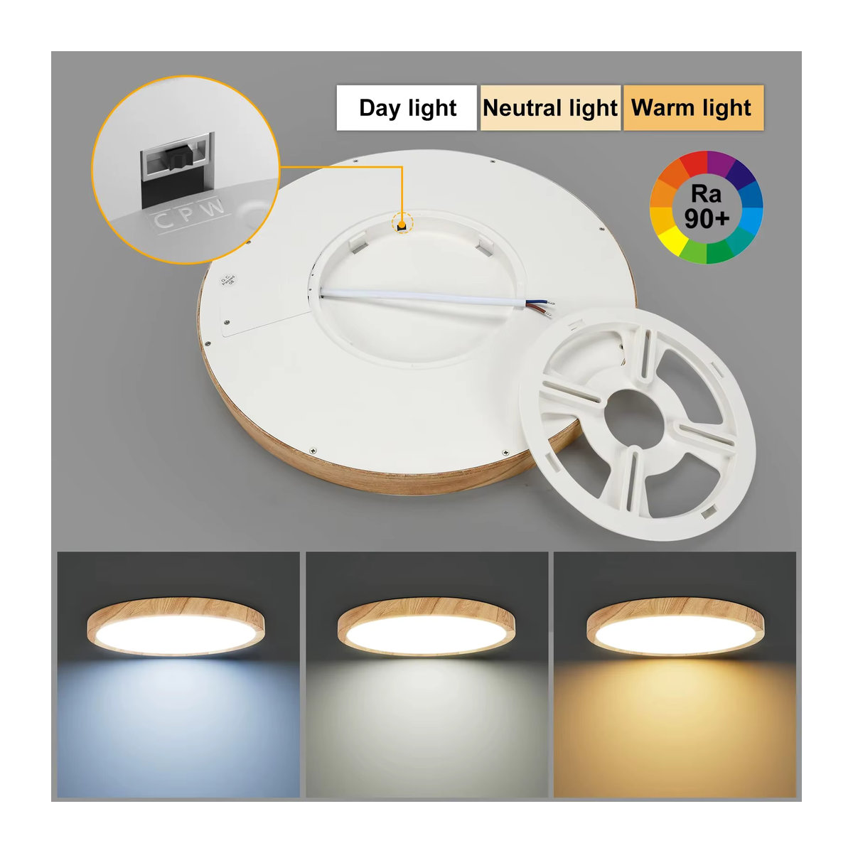 LVL LED-Deckenleuchte in Weiß und Natur mit Holzmaserung, runde bündige Deckenlampe im skandinavischen Design mit 3-in-1-Beleuchtungsfarben für Küche, Schlafzimmer und Badezimmer - Bild 2