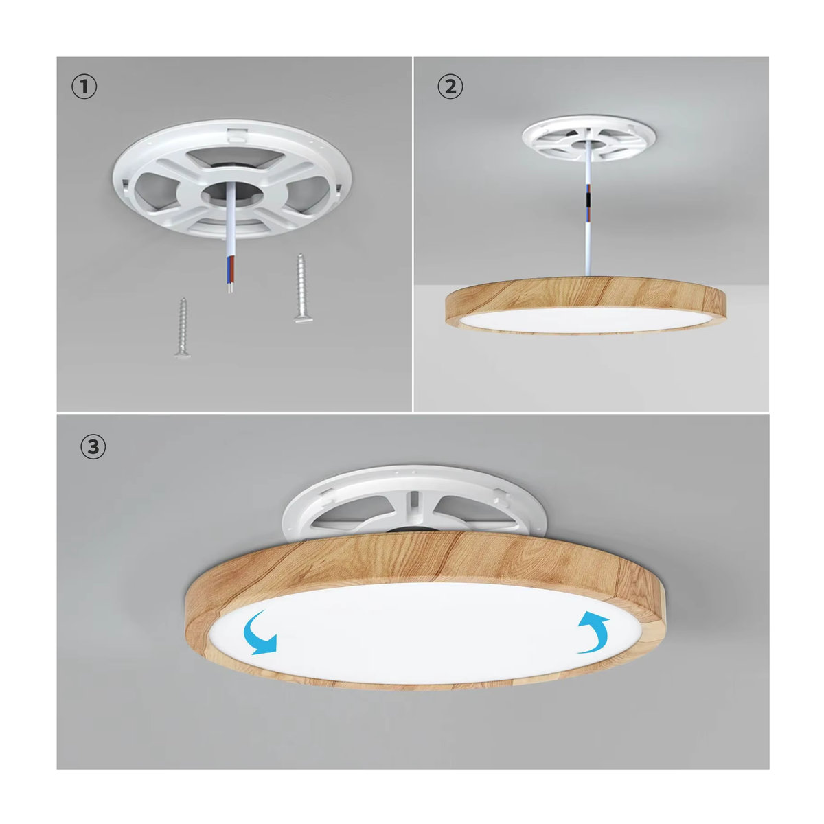 LVL LED-Deckenleuchte in Weiß und Natur mit Holzmaserung, runde bündige Deckenlampe im skandinavischen Design mit 3-in-1-Beleuchtungsfarben für Küche, Schlafzimmer und Badezimmer - Bild 3