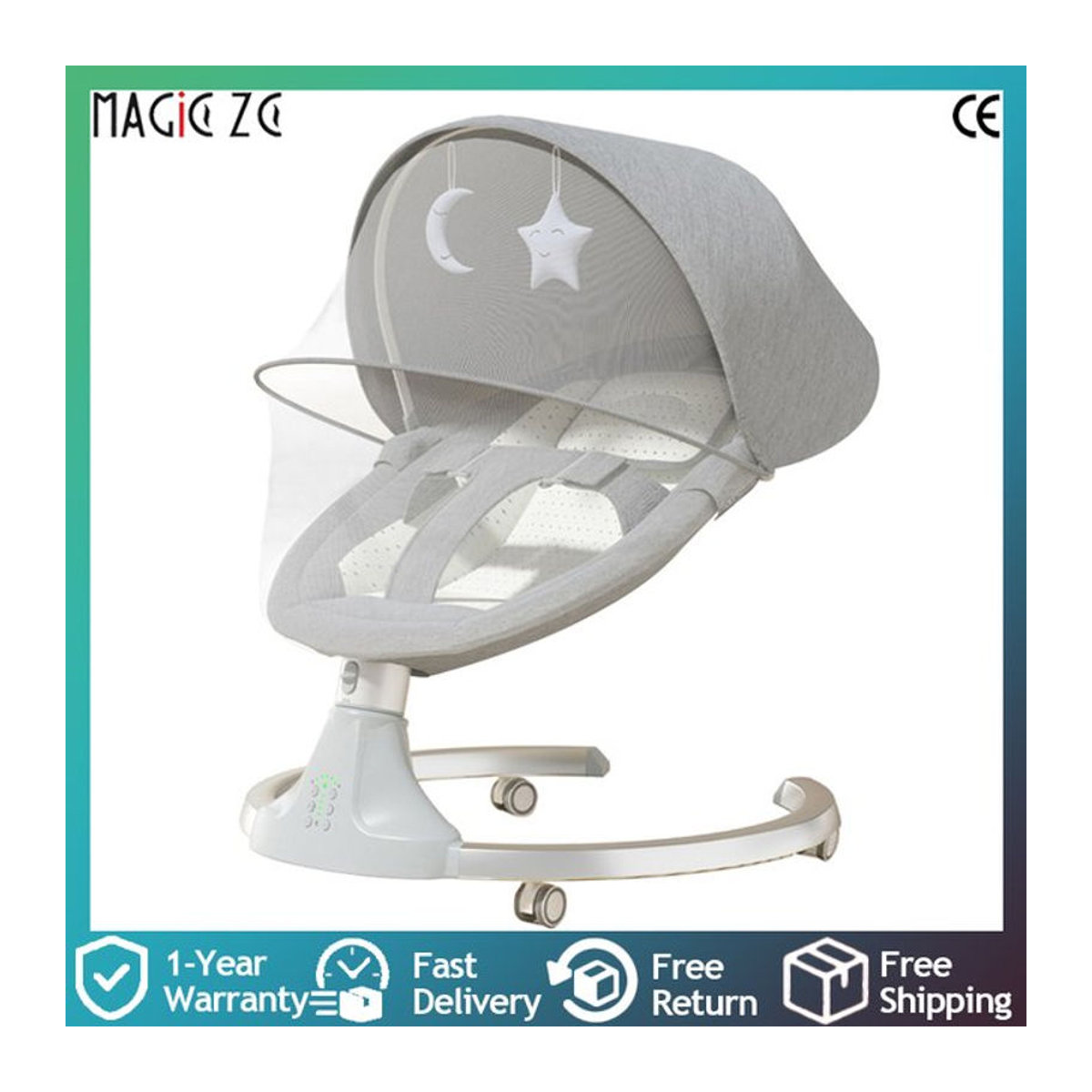 Magic ZC Multifunktionales elektrisches Babybett mit Bluetooth Musik und Moskitonetz als Schaukelstuhl für Neugeborene in Beige oder Grau - Bild 1