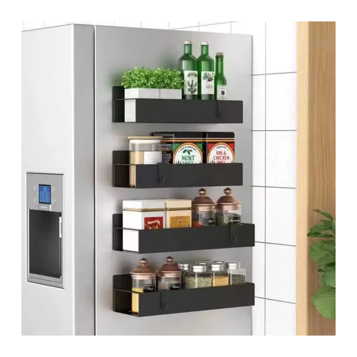 Magnetisches Gewürzregal als platzsparender Küchenorganizer und Hängender Korb in Schwarz - Bild 1
