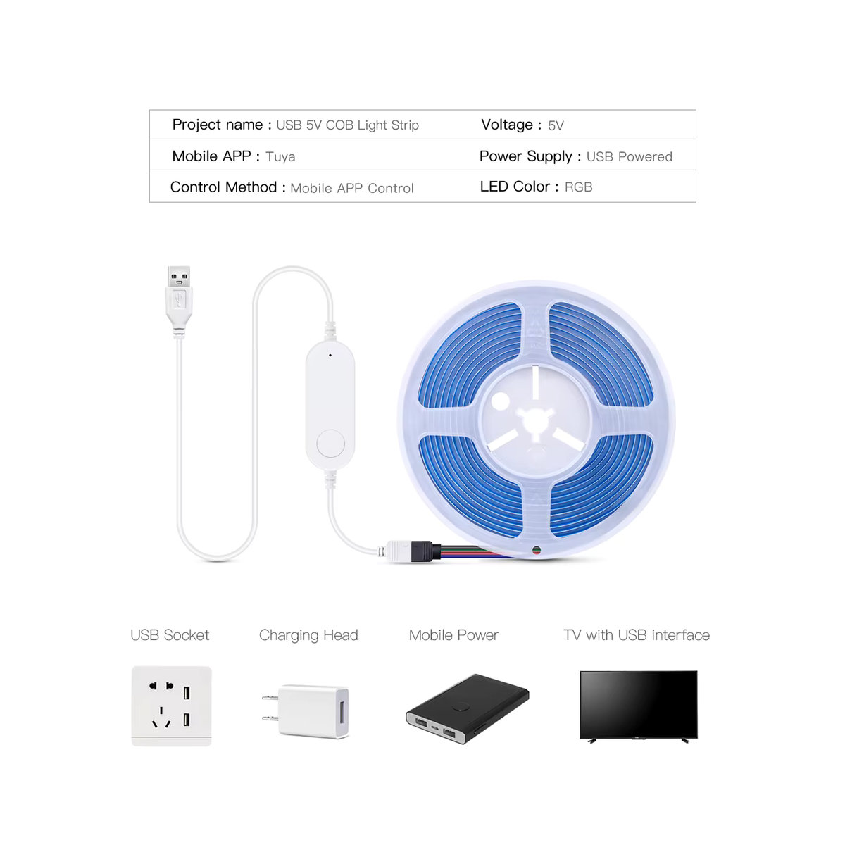 MALITAI RGB COB LED Streifen mit Tuya WiFi App Steuerung und Fernbedienung, USB 5V, kompatibel mit Alexa und Google Home - Bild 2