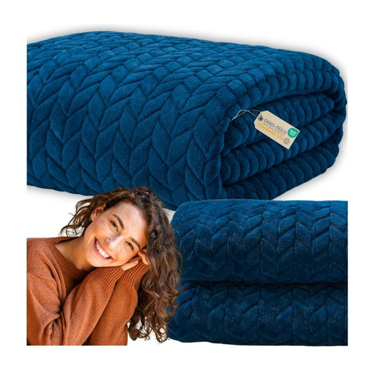 Marineblaue geprägte Polyester-Kuscheldecke für Wärme und Dekoration B/B: 200 x 220 cm - Bild 1
