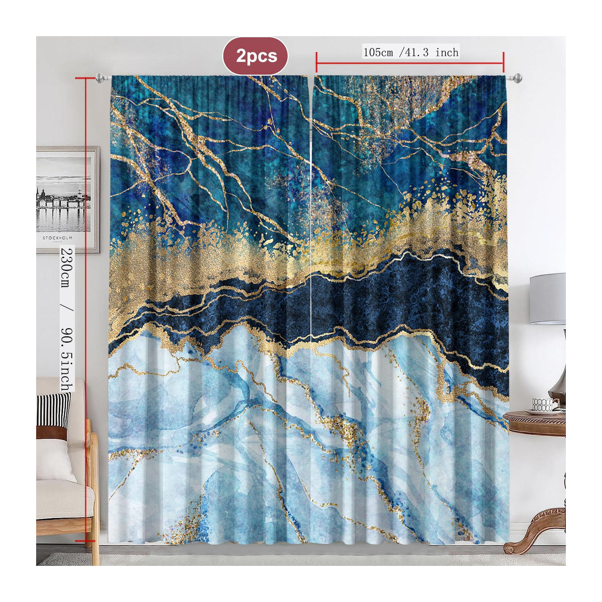 Marmor Serie Vorhänge aus Polyester mit Stangentasche, 2er-Set, Breite: 100 cm, Höhe: 70 cm - Bild 1