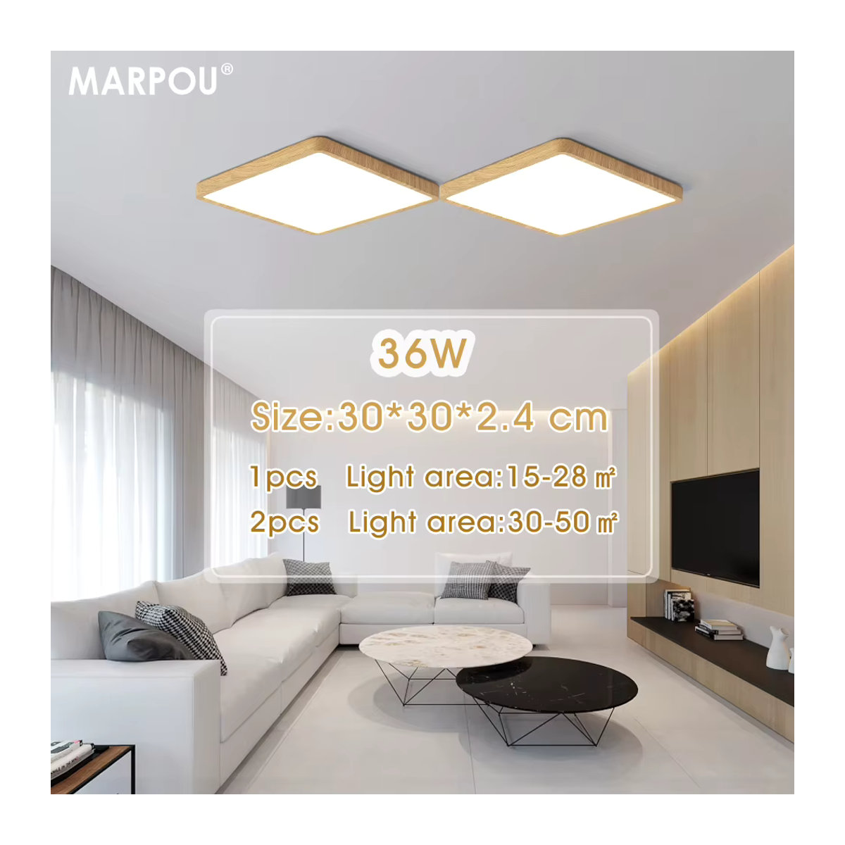 MARPOU Tuya Smart LED Deckenleuchte in Holzoptik mit App- und Sprachsteuerung für Alexa und Google, quadratisch, Natur - Bild 1