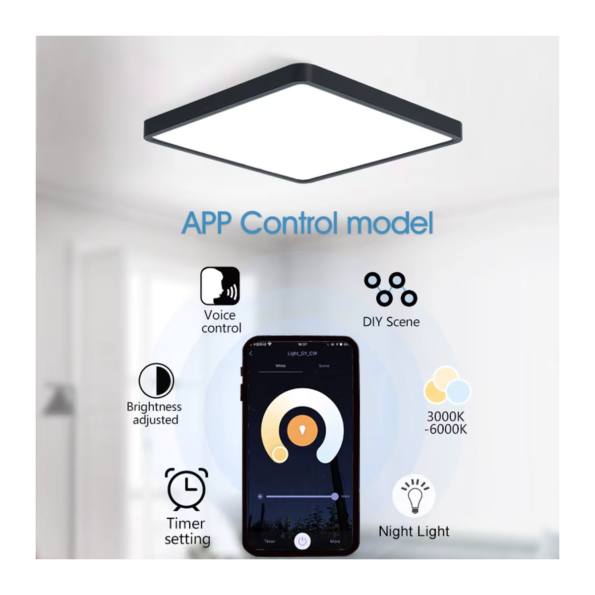 MARPOU Tuya Smart LED Deckenleuchte in Holzoptik mit App- und Sprachsteuerung für Alexa und Google, quadratisch, Natur - Bild 3