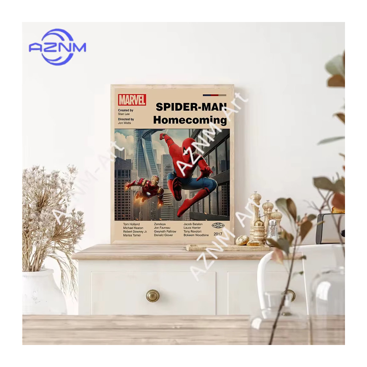 Marvel Leinwand Wandbild mit Spider-Man und Iron Man im Vintage-Stil, mehrfarbiges Retro-Poster für die Wandmontage, ungerahmt - Bild 1