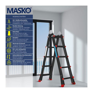 MASKO 6in1 Mehrzweckleiter aus Aluminium in Alufarben, ausziehbar mit 20 Sprossen und 520 cm Länge, belastbar bis 150 kg, multifunktionale Gelenkleiter als Anlege-, Klapp- und Treppenleiter
