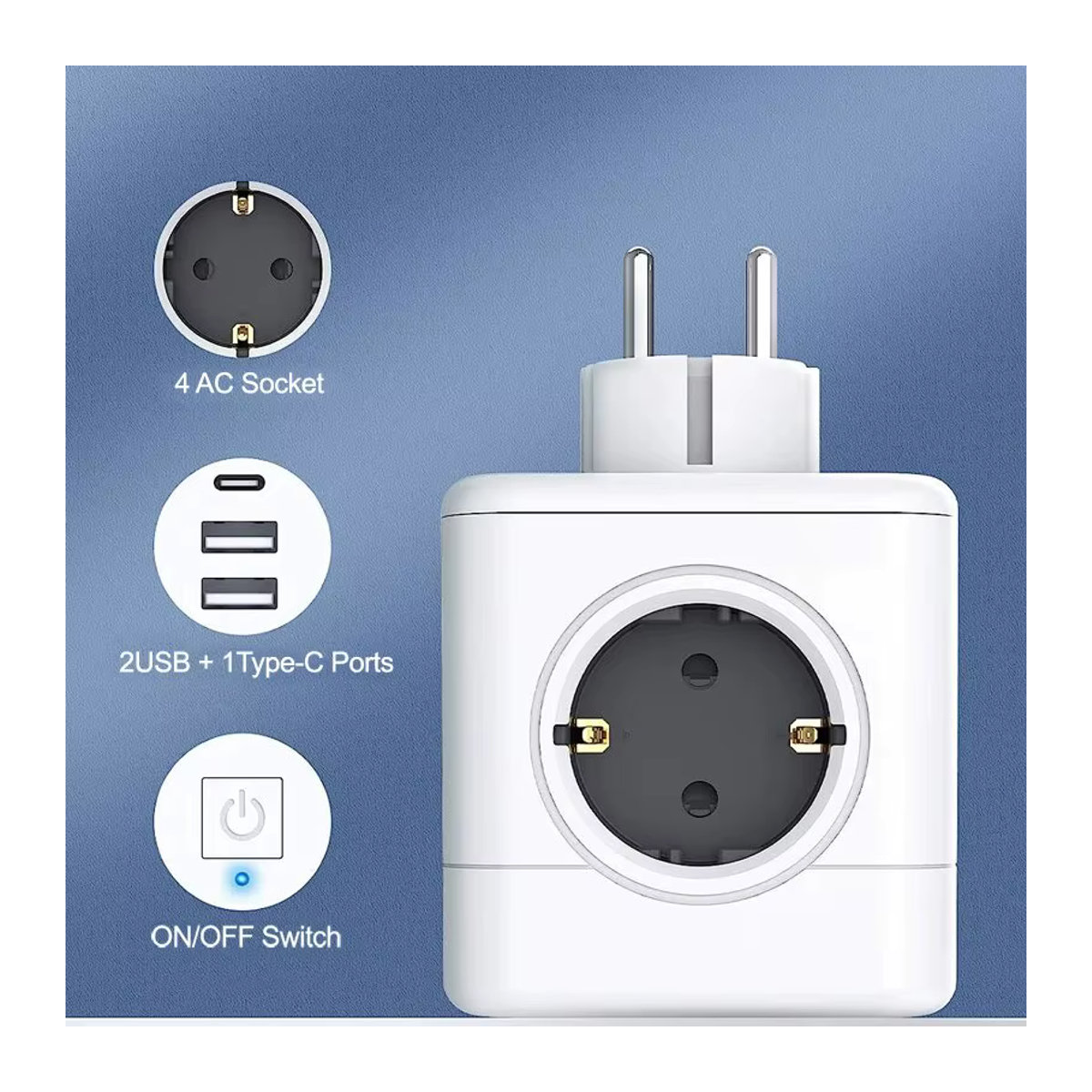 MASSFA 4 EU-Steckdosenleiste mit 2 USB-A und USB-C Anschlüssen sowie Überspannungsschutz in Weiß und Blau - Bild 2