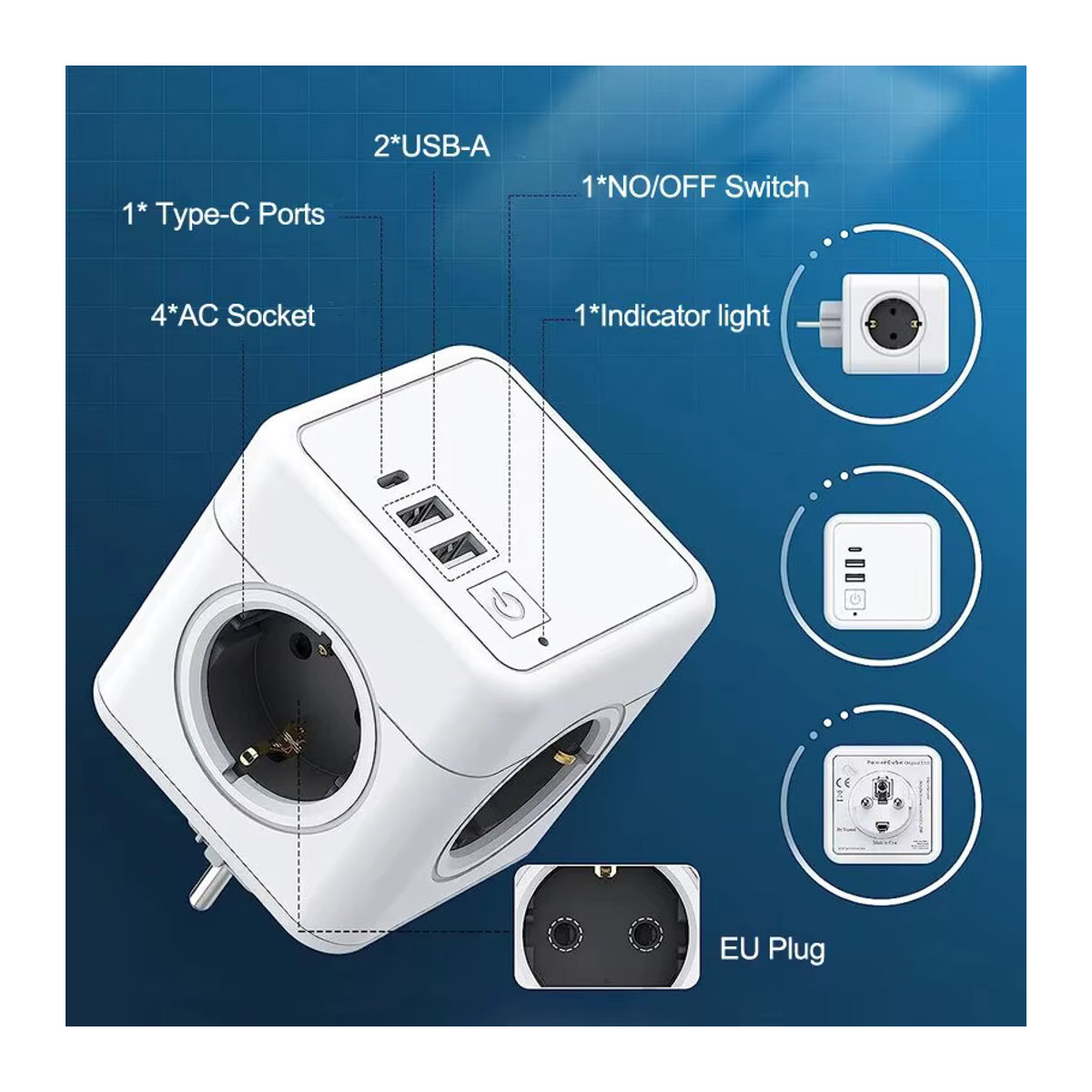 MASSFA 4 EU-Steckdosenleiste mit 2 USB-A und USB-C Anschlüssen sowie Überspannungsschutz in Weiß und Blau - Bild 3