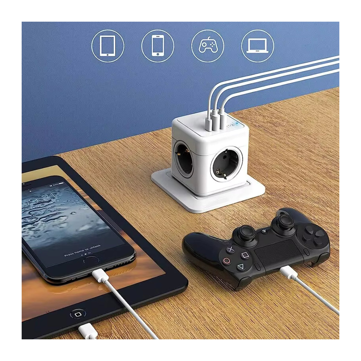 MASSFA 4 EU-Steckdosenleiste mit 2 USB-A und USB-C Anschlüssen sowie Überspannungsschutz in Weiß und Blau - Bild 4