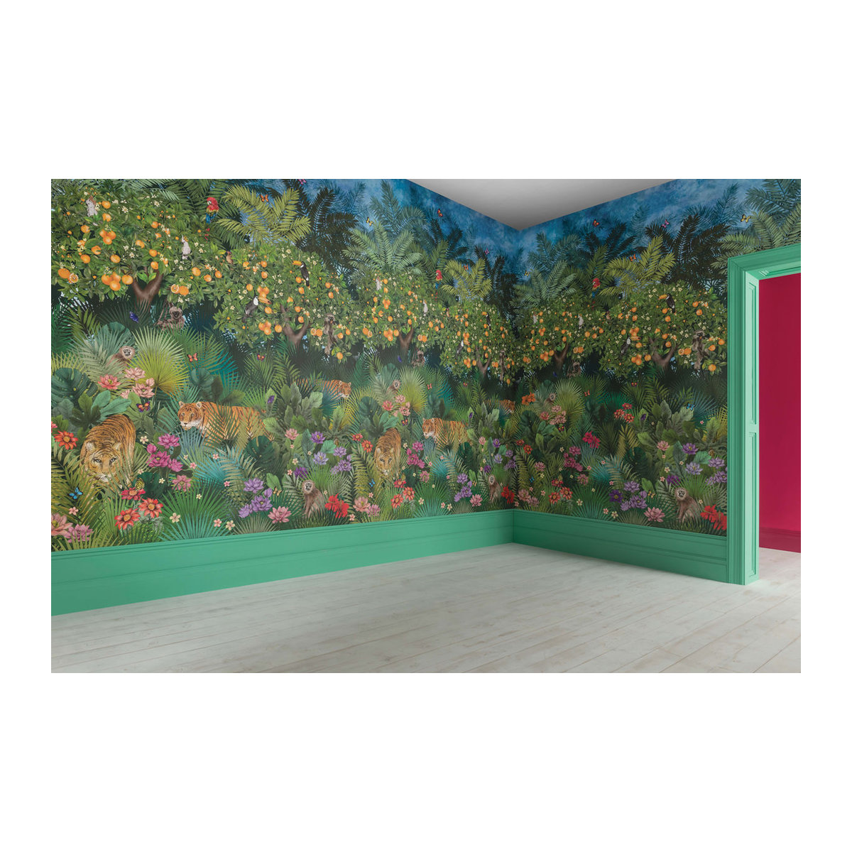Matthew Williamson Wandbild Tiger Grove Motiv mit Tierprint und Blättern in Mehrfarbig als Vlies-Tapete im Querformat - Bild 1