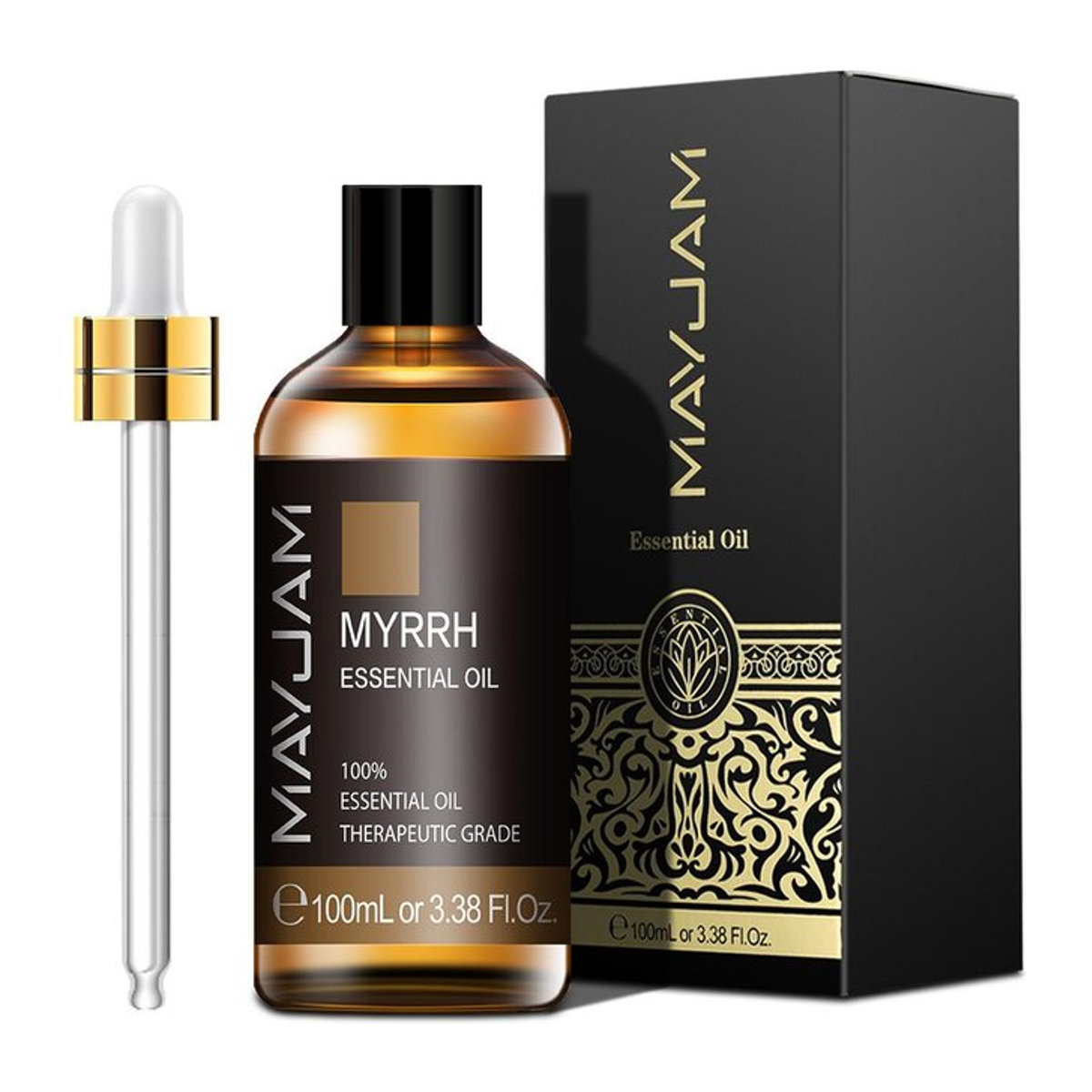 MAYJAM Ätherische Öle Set in braunen Glasflaschen, 100 ml, Lavendel, Eukalyptus, Zimt, Teebaum und Myrrhe für Aromatherapie und Massage - Bild 1