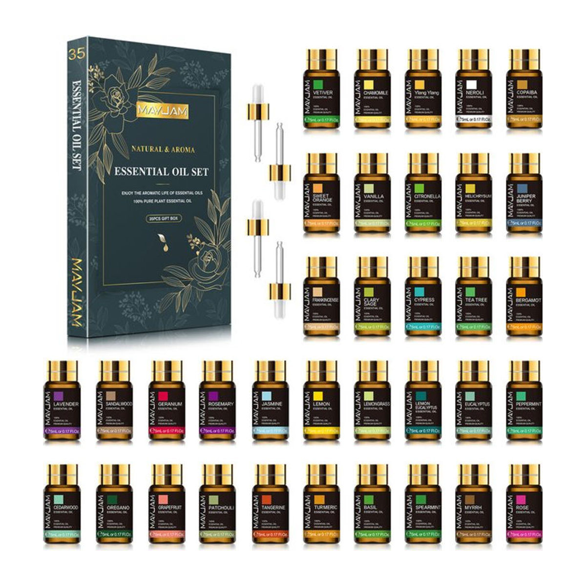 Mayjam Set mit 35 Flaschen ätherischen Ölen aus Glas in verschiedenen Farben für Luftbefeuchter und DIY-Projekte wie Kerzenherstellung mit Lavendel, Eukalyptus, Vanille, Oregano und Neroli - Bild 1