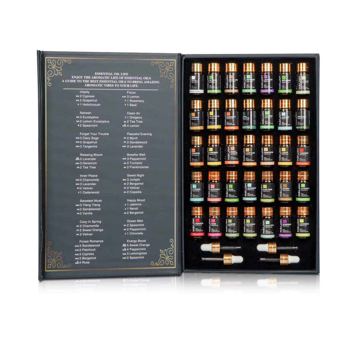 Mayjam Set mit 35 Flaschen ätherischen Ölen aus Glas in verschiedenen Farben für Luftbefeuchter und DIY-Projekte wie Kerzenherstellung mit Lavendel, Eukalyptus, Vanille, Oregano und Neroli - Bild 2