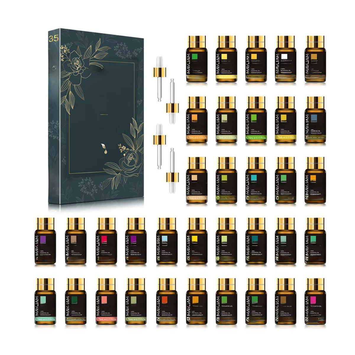 Mayjam Set mit 35 Flaschen ätherischen Ölen aus Glas in verschiedenen Farben für Luftbefeuchter und DIY-Projekte wie Kerzenherstellung mit Lavendel, Eukalyptus, Vanille, Oregano und Neroli - Bild 3