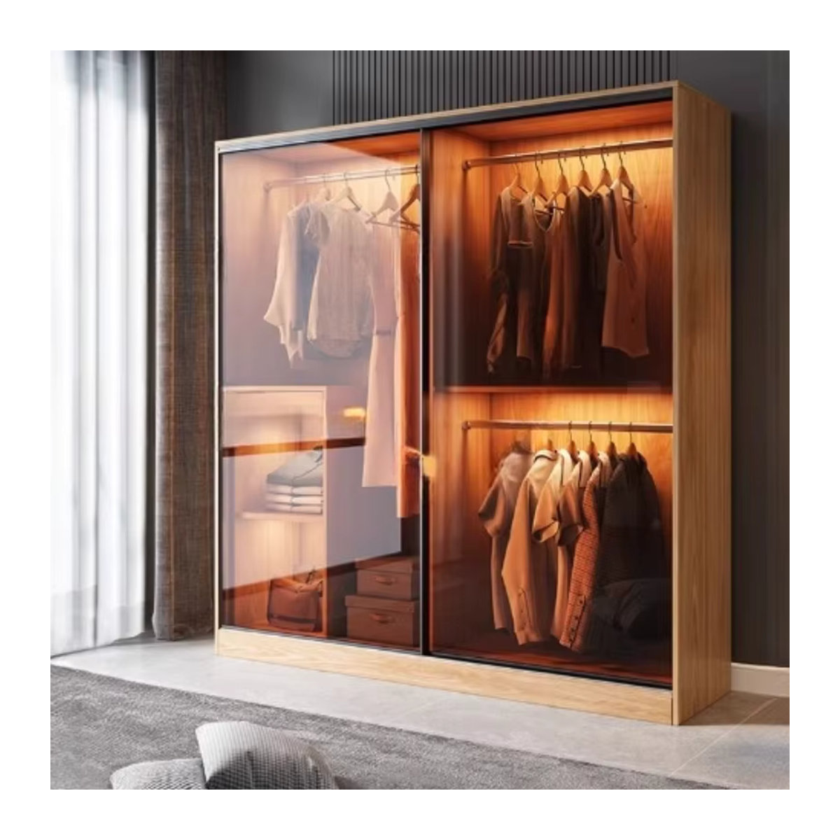 MDNG Schiebetür-Kleiderschrank aus Glas und Holz mit freistehendem Design - Bild 2