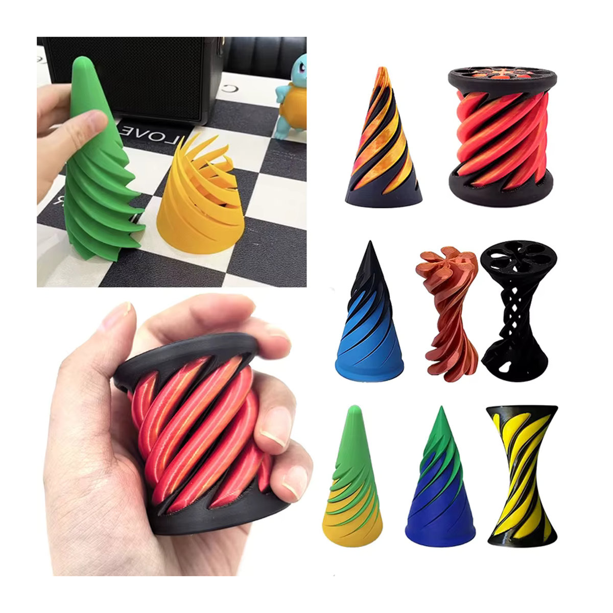Meade Spiralkegel Zappelspielzeug aus Kunststoff, mehrfarbige 3D-gedruckte Helix-Schraube als geometrische Dekompressions-Skulptur und Impossible Pyramide - Bild 3