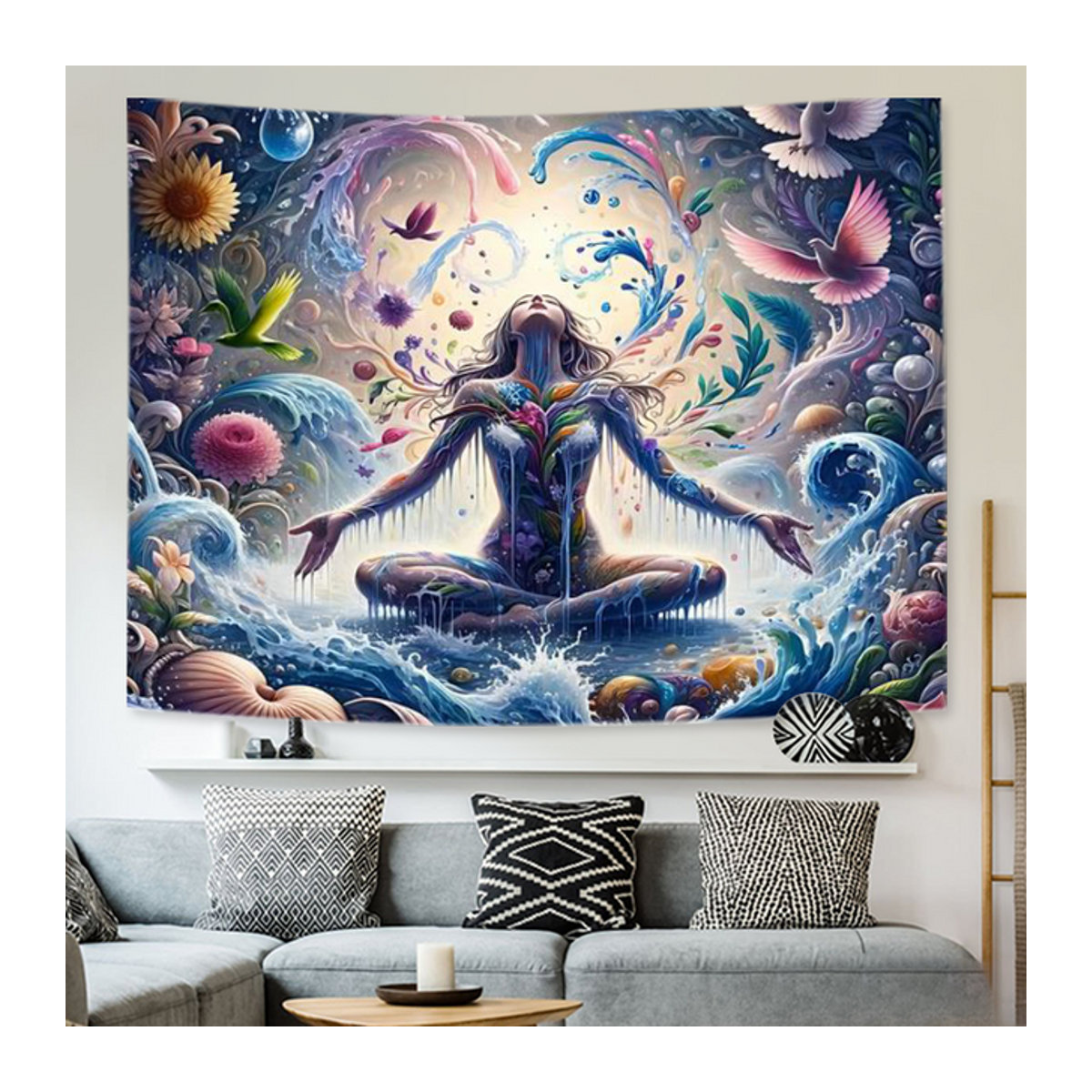 Meditative Dream Woman Wandteppich mit Wasserfall-Design in Multicolor aus Polyester - Bild 1