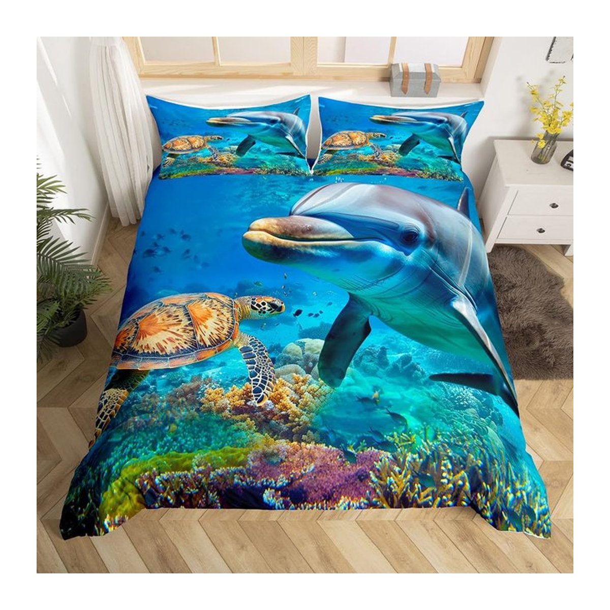 Meeresschildkröte Bettwäsche Set mit 3D Unterwasser Tier Muster für Jungen und Mädchen, B/B/H: 135 x 200 cm - Bild 1