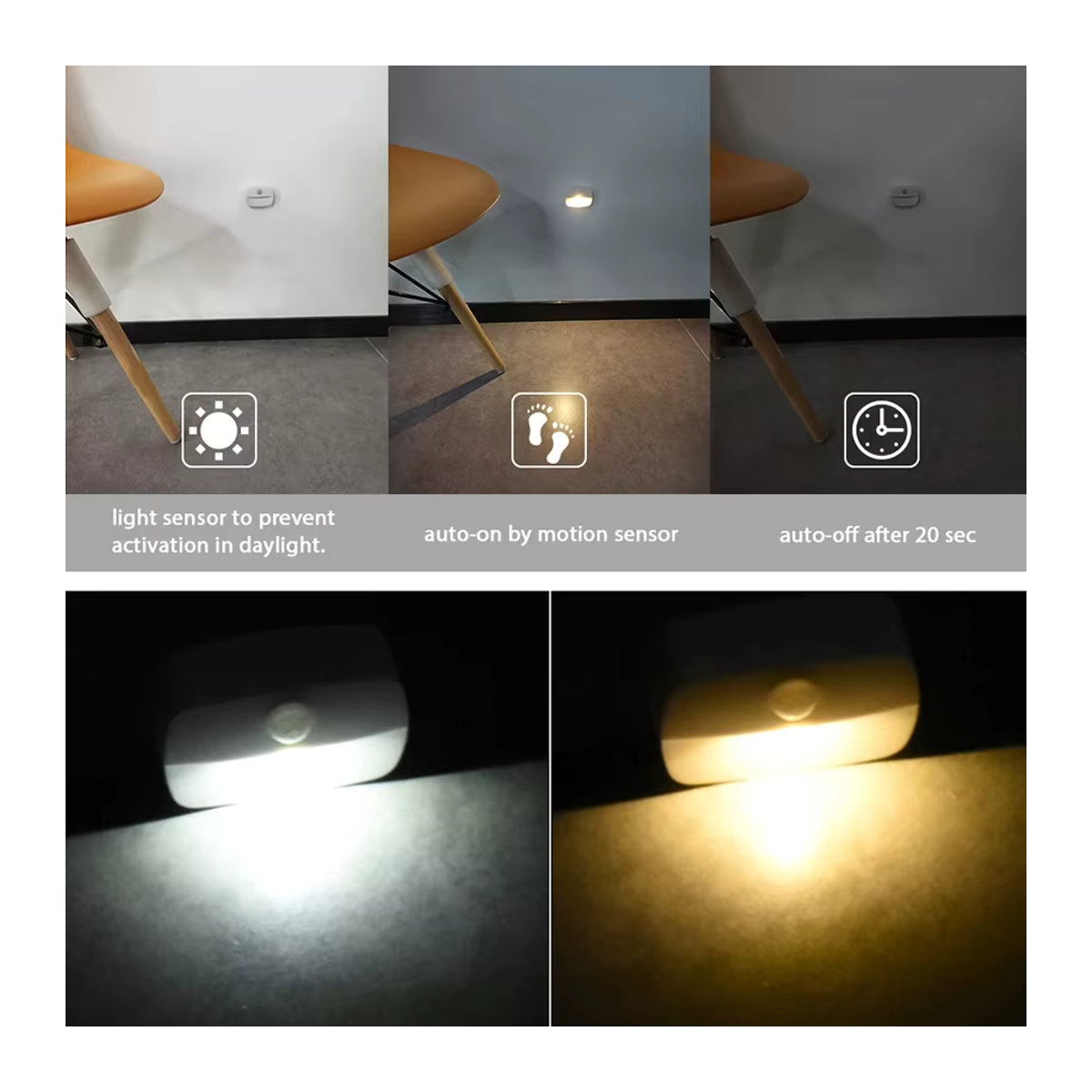 MeeToo 4er Set LED Nachtlicht mit Bewegungssensor, minimalistisches Design, kabellos und batteriebetrieben mit AAA Batterien für Schlafzimmer, Treppe, Schrank und Küche - Bild 3