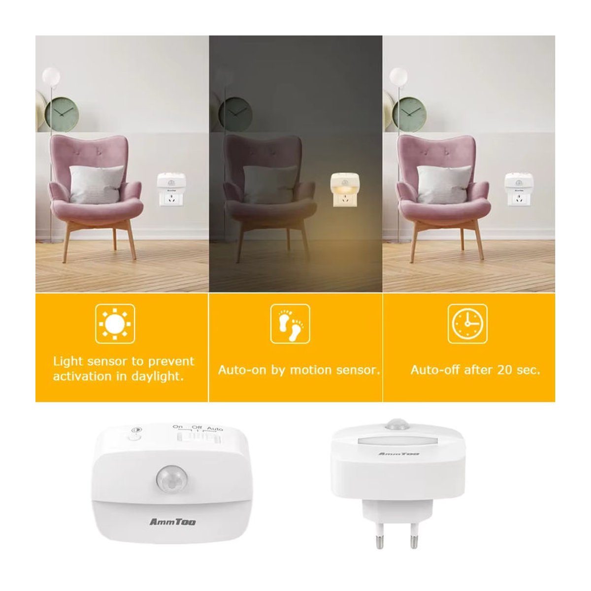 MeeToo LED-Nachtlicht mit Bewegungsmelder in Weiß für 220 V mit EU-Stecker und zweifarbigem Licht in Warmweiß und Weiß - Bild 3