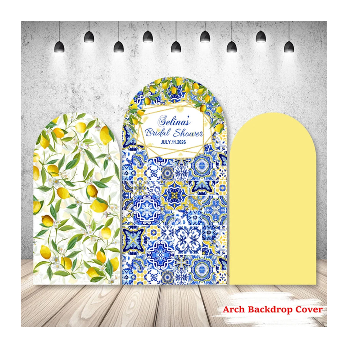 Mehofond Doppelseitiger Bogen-Hintergrund für Hochzeiten mit Zitronen- und Porzellan-Design in Gelb, Blau und Weiß - Bild 1