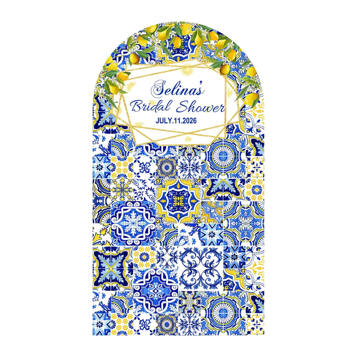 Mehofond Doppelseitiger Bogen-Hintergrund für Hochzeiten mit Zitronen- und Porzellan-Design in Gelb, Blau und Weiß - Bild 3