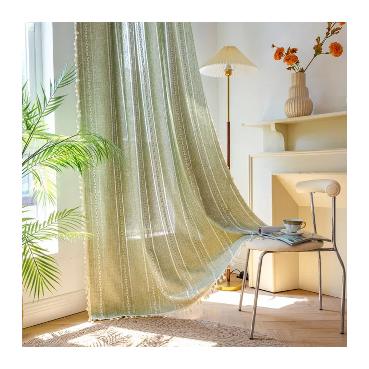 Mehrfarbige Baumwoll-Leinen-Mischvorhänge mit Straßentaschen und Quasten für Lichtschutz in Küche, Schlafzimmer oder Wohnzimmer - Bild 1