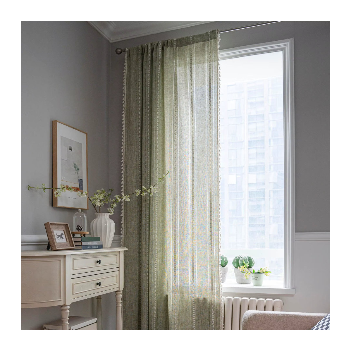 Mehrfarbige Baumwoll-Leinen-Mischvorhänge mit Straßentaschen und Quasten für Lichtschutz in Küche, Schlafzimmer oder Wohnzimmer - Bild 3