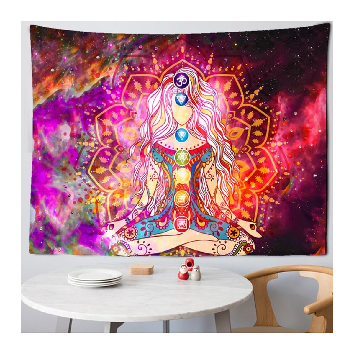 Mehrfarbiger Mandala-Wandteppich im Bohemian-Stil mit indischer Buddha-Statue und 7-Chakra-Motiv, rechteckiger Wandbehang für Yoga und Meditation, B/H: 70 x 70 cm - Bild 1