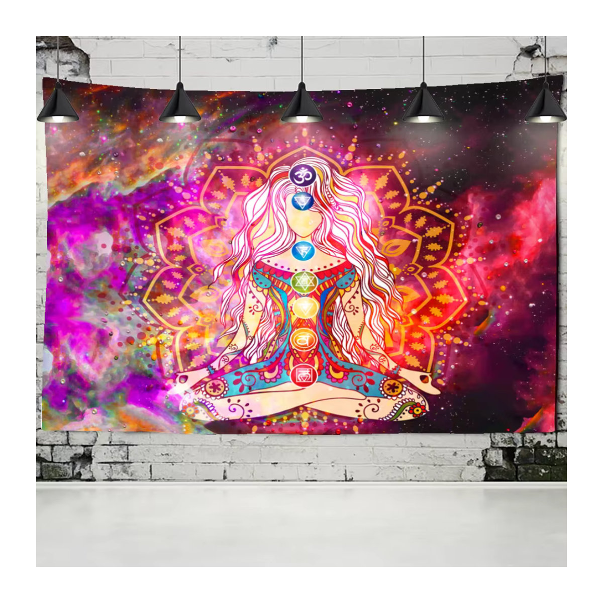 Mehrfarbiger Mandala-Wandteppich im Bohemian-Stil mit indischer Buddha-Statue und 7-Chakra-Motiv, rechteckiger Wandbehang für Yoga und Meditation, B/H: 70 x 70 cm - Bild 2