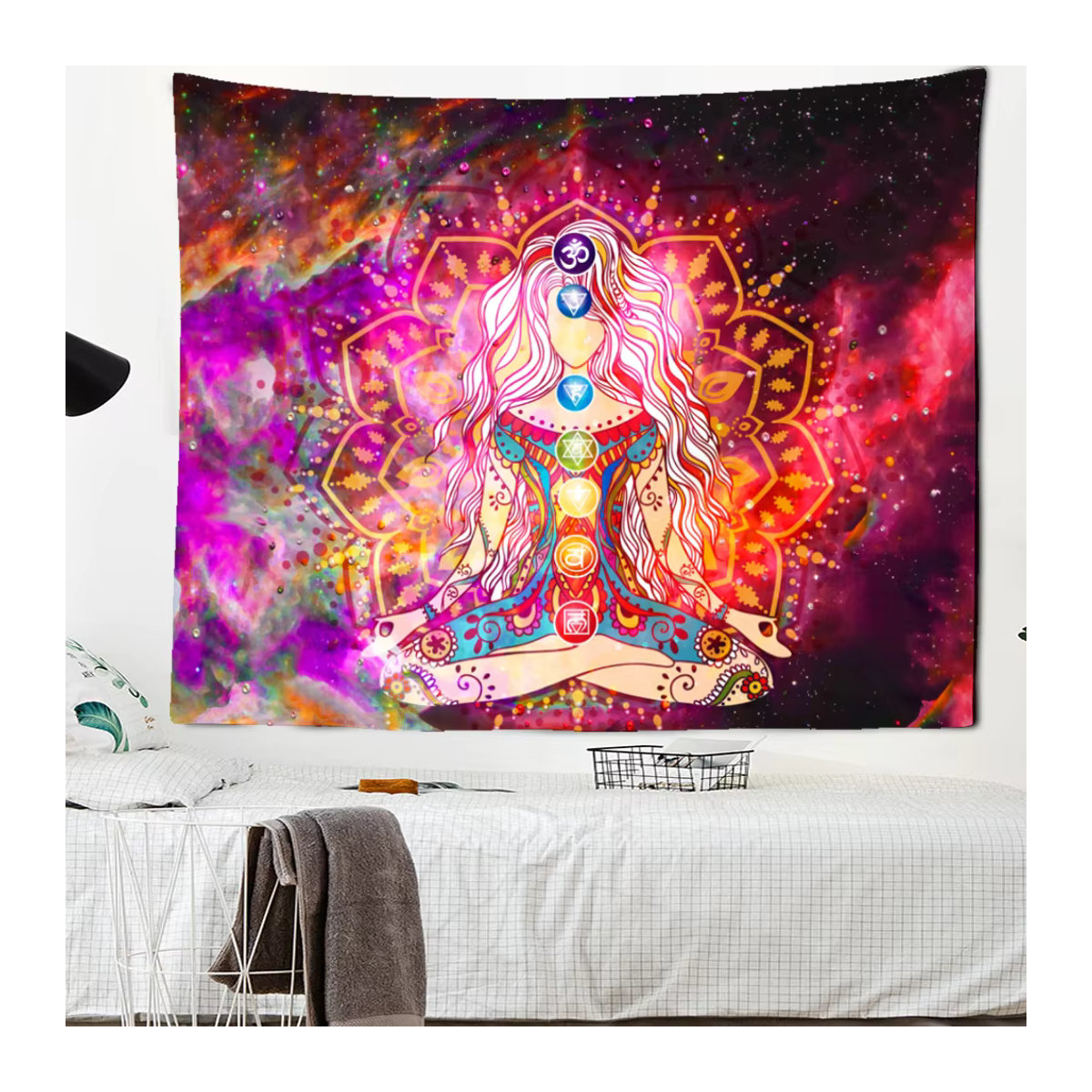 Mehrfarbiger Mandala-Wandteppich im Bohemian-Stil mit indischer Buddha-Statue und 7-Chakra-Motiv, rechteckiger Wandbehang für Yoga und Meditation, B/H: 70 x 70 cm - Bild 3