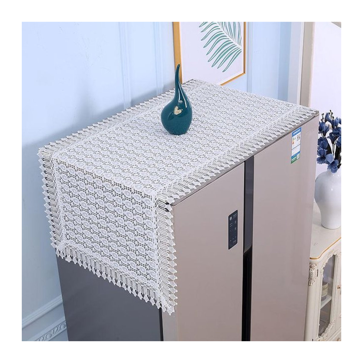 Mehrzweckabdeckung mit ländlicher Spitze als Staubschutz für Kühlschrank und Waschmaschine, Farbe: Weiß, B/H: 55 x 140 cm - Bild 1
