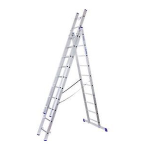 Mehrzweckleiter SZ Metall 3-teilig aus Aluminium in Silber mit 3 x 10 Sprossen, bis 150 kg, EN 131, inklusive Quertraverse und Spreizsicherung