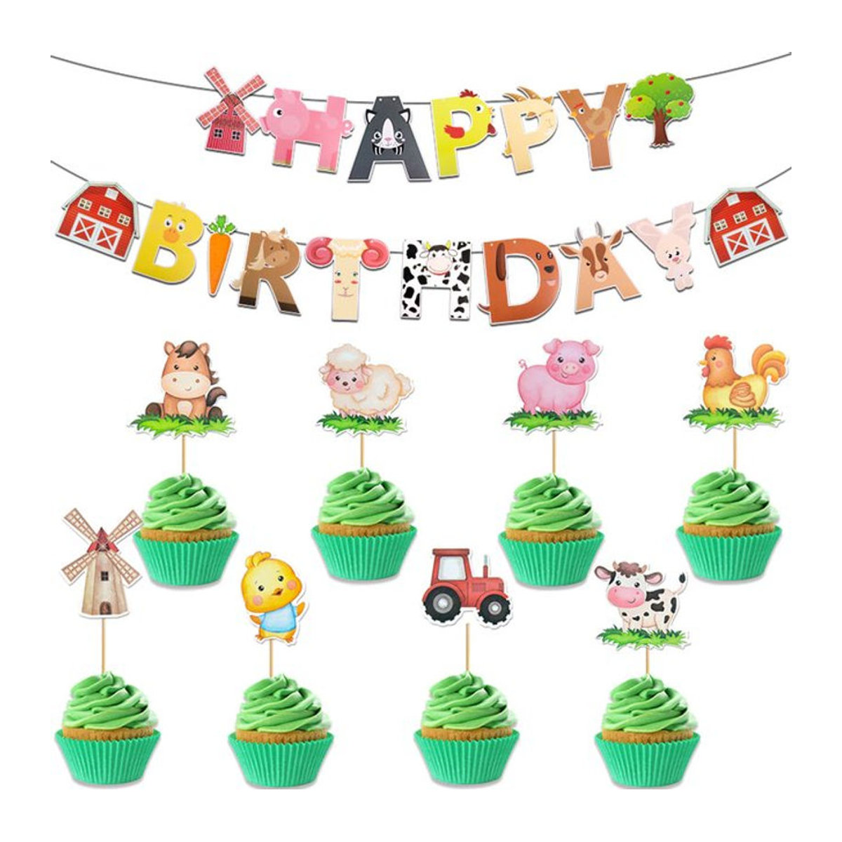 Meidding Bauernhof Party Dekoration Set mit Banner Girlande und Cupcake Toppern für Kindergeburtstage Motiv Schwein Ochse Schaf Küken Mehrfarbig - Bild 1