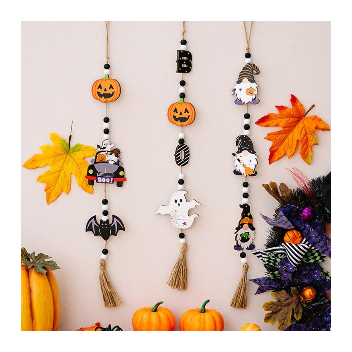 Meidding Halloween Holzperlen Girlande mit Kürbis, Fledermaus und Geist als mehrfarbige hängende Dekoration - Bild 1