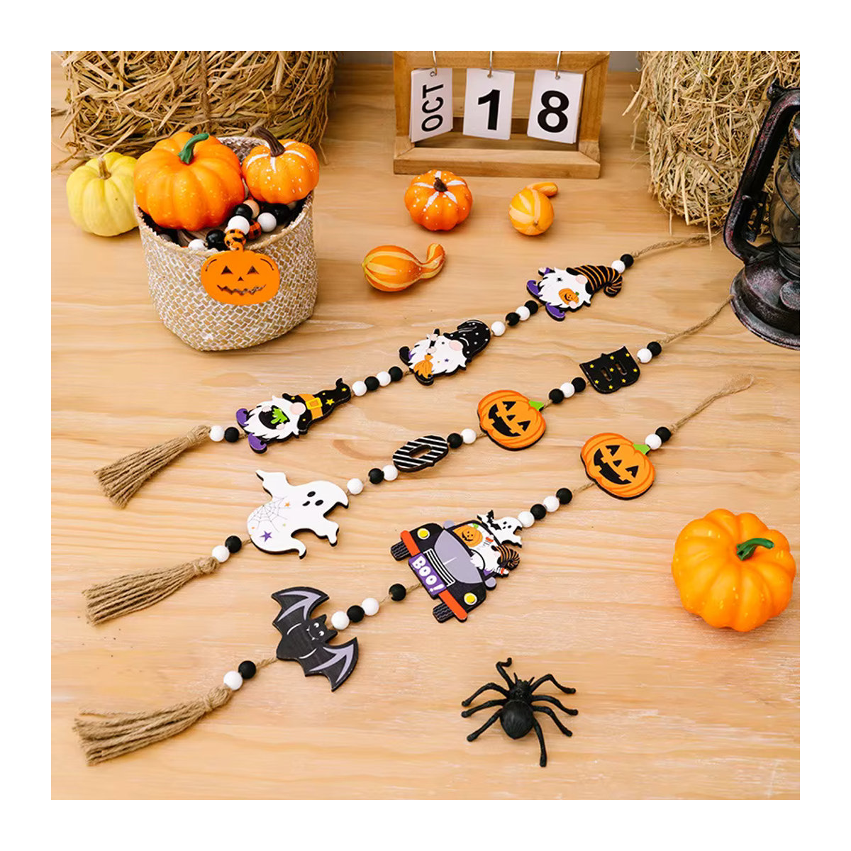 Meidding Halloween Holzperlen Girlande mit Kürbis, Fledermaus und Geist als mehrfarbige hängende Dekoration - Bild 2